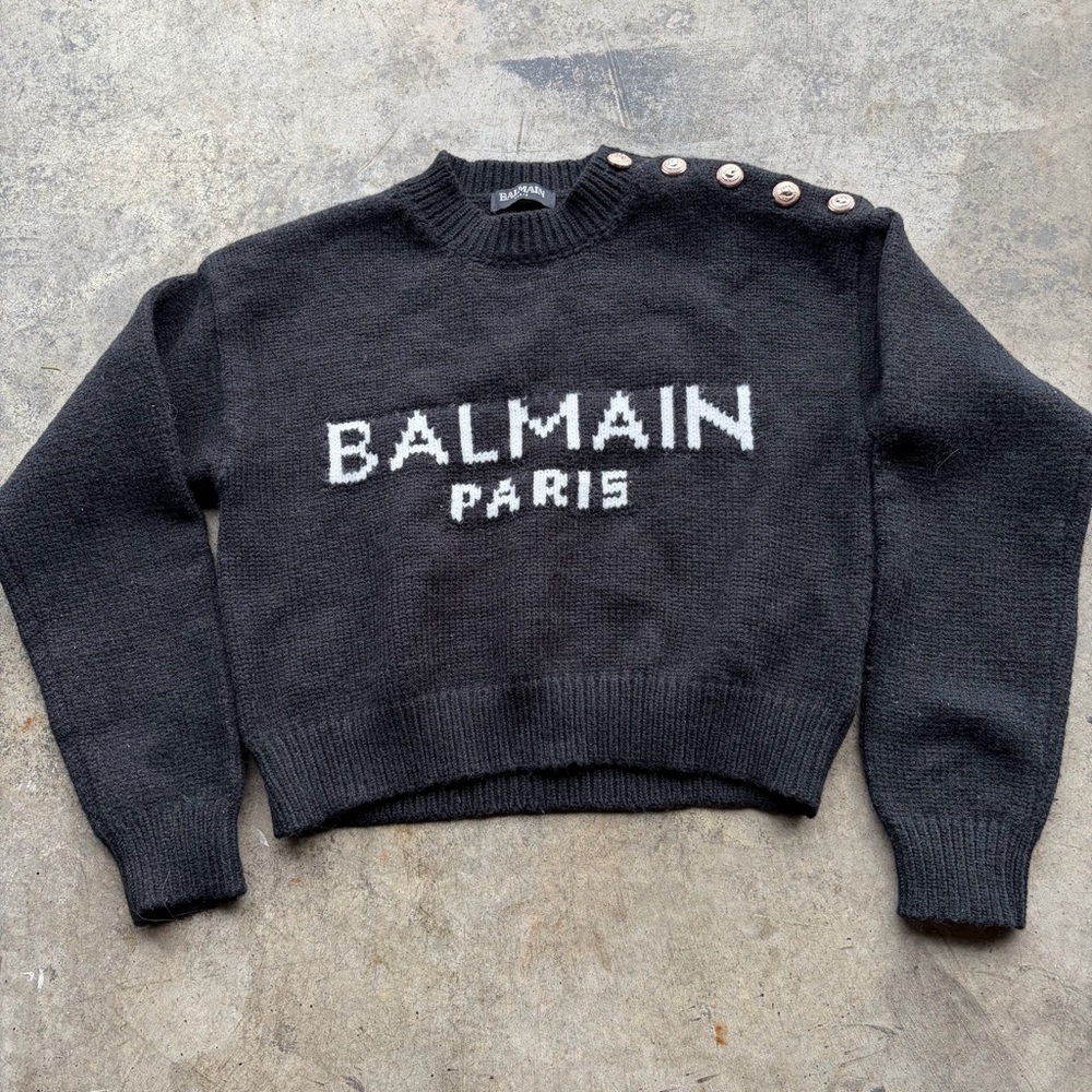 Balmain Black Crewneck Logo Sweater with Buttons